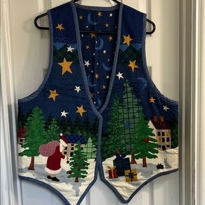 Festive Blue Quilted Vest with Santa and Stars